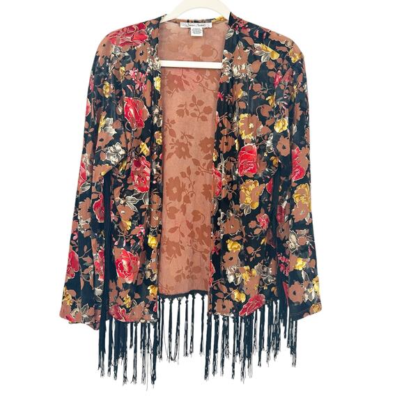 Sans Souci Womens Boho Western Fall Velvet Fringe Floral Cardigan Kimono Size M - Picture 1 of 5